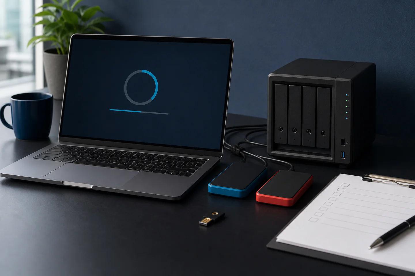 Laptop, backup storage, and recovery checklist on a secure workstation