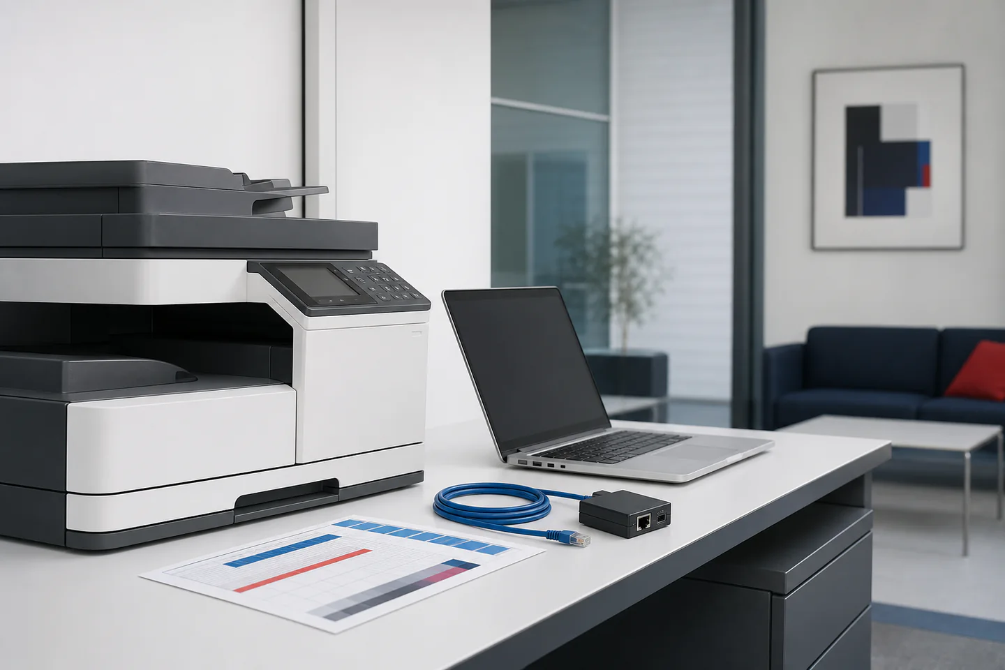 Office printer, laptop, network cable, and test page