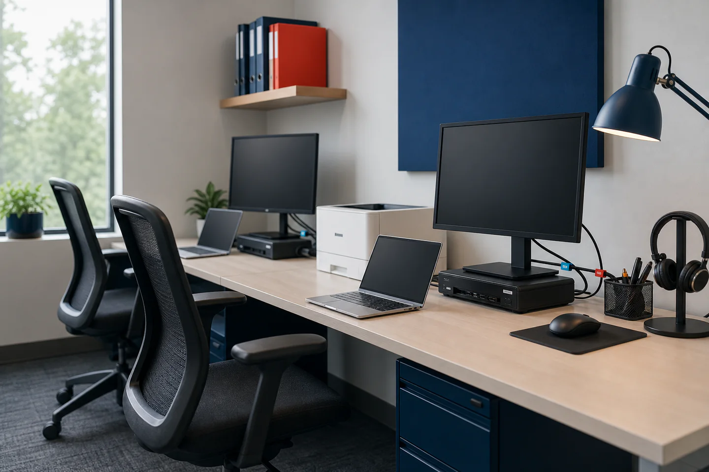Prepared laptops, monitors, docks, and shared printer in a small office