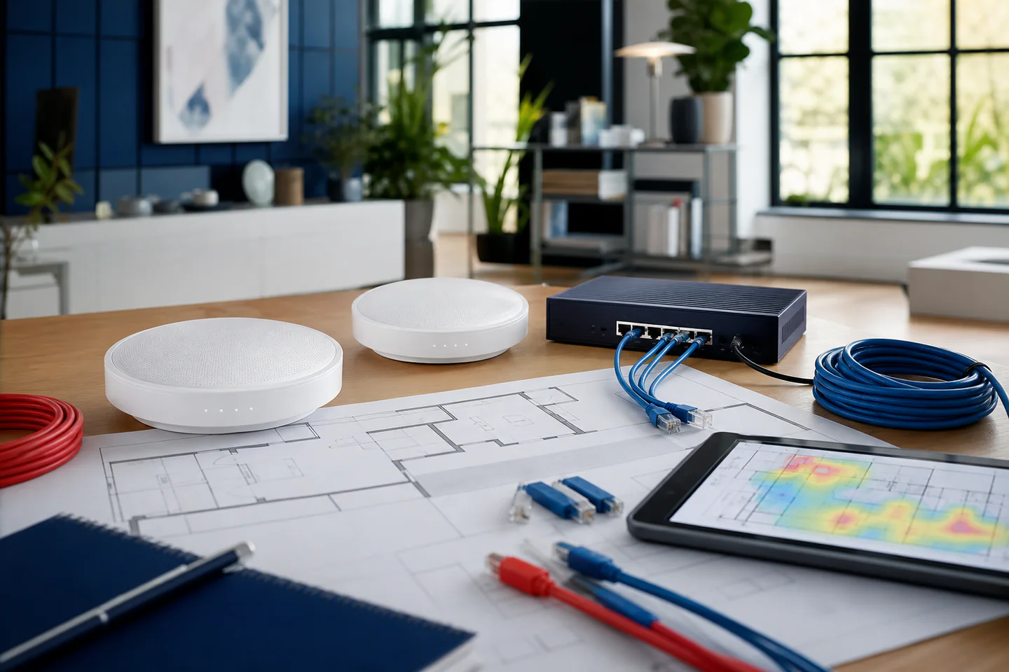 Wi-Fi access points and router arranged over a floor plan