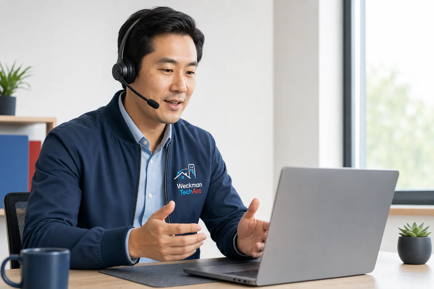 Customer care technician explaining a support step during a remote call