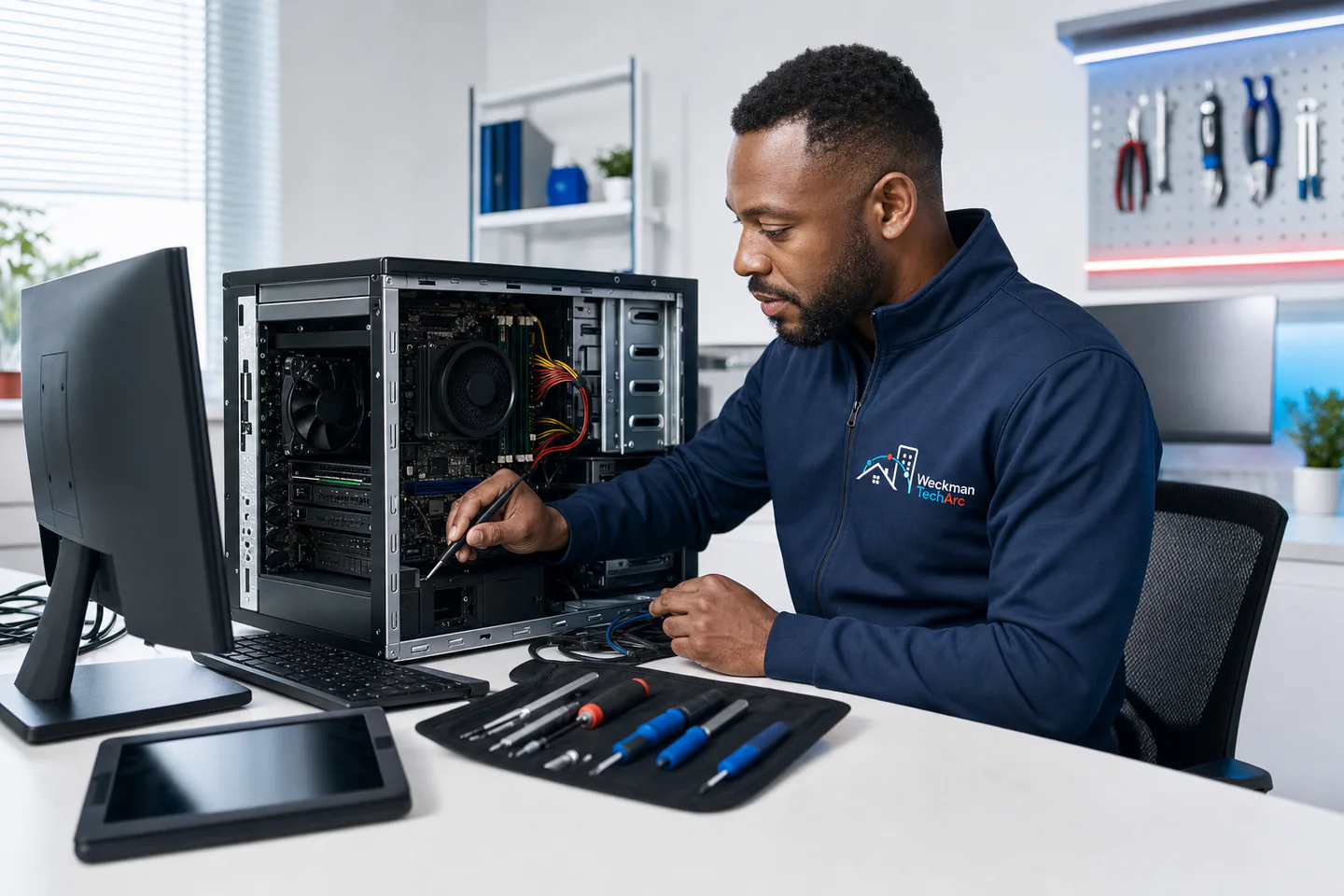 Technician diagnosing a desktop computer
