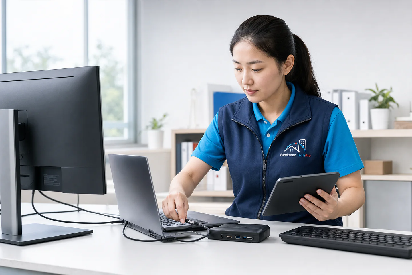 Device setup specialist connecting a new business workstation