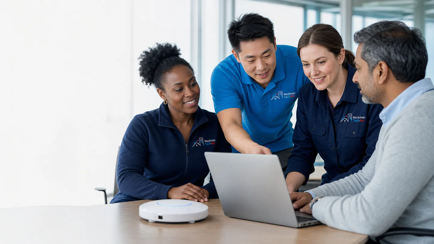 Three Weckman TechArc support specialists helping a customer with a laptop and Wi-Fi device