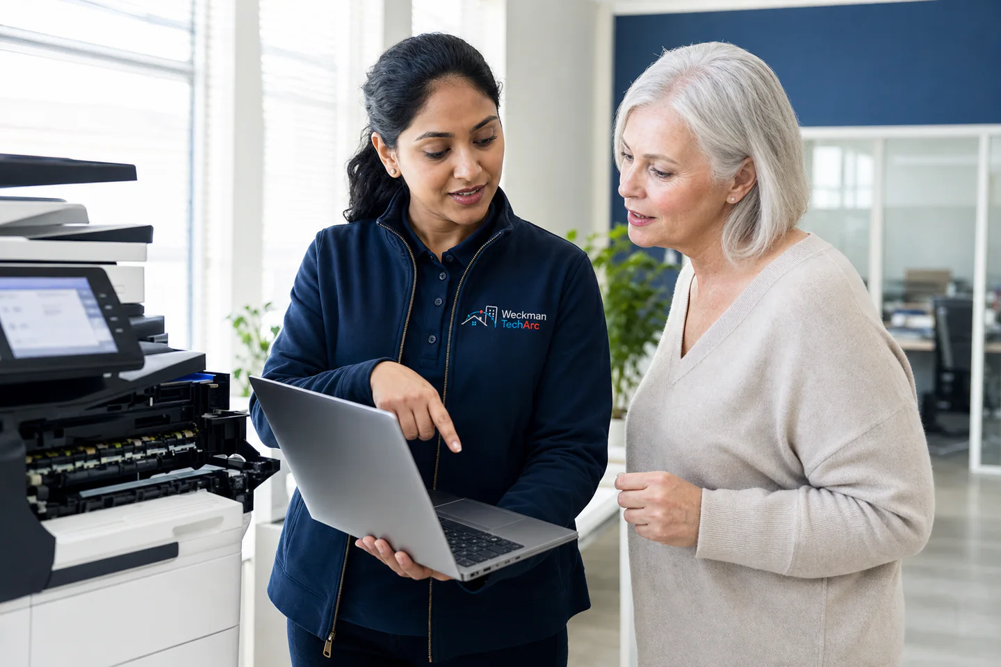 Printer support specialist showing a customer the next troubleshooting step