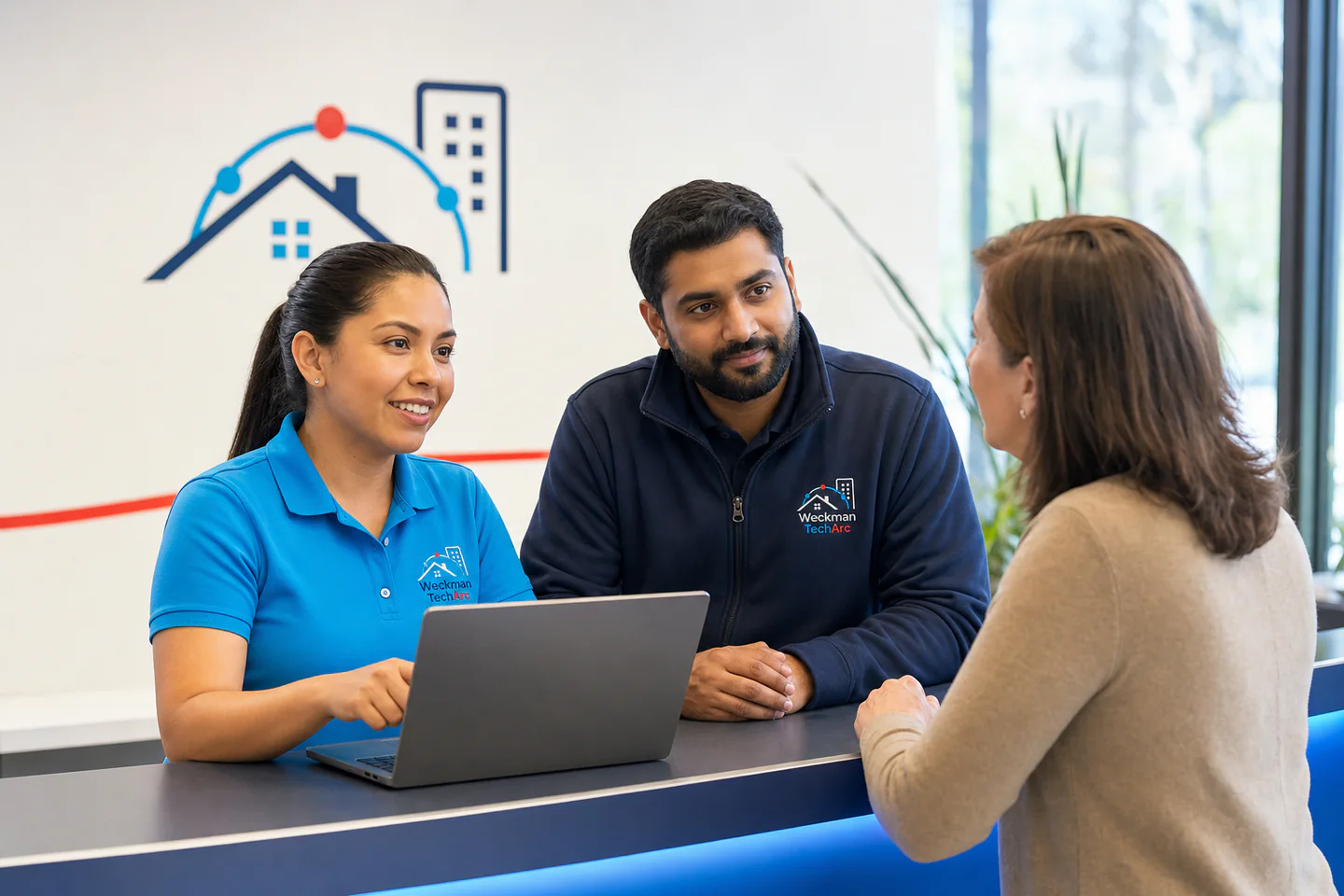 Two Weckman TechArc staff listening to a customer with a laptop