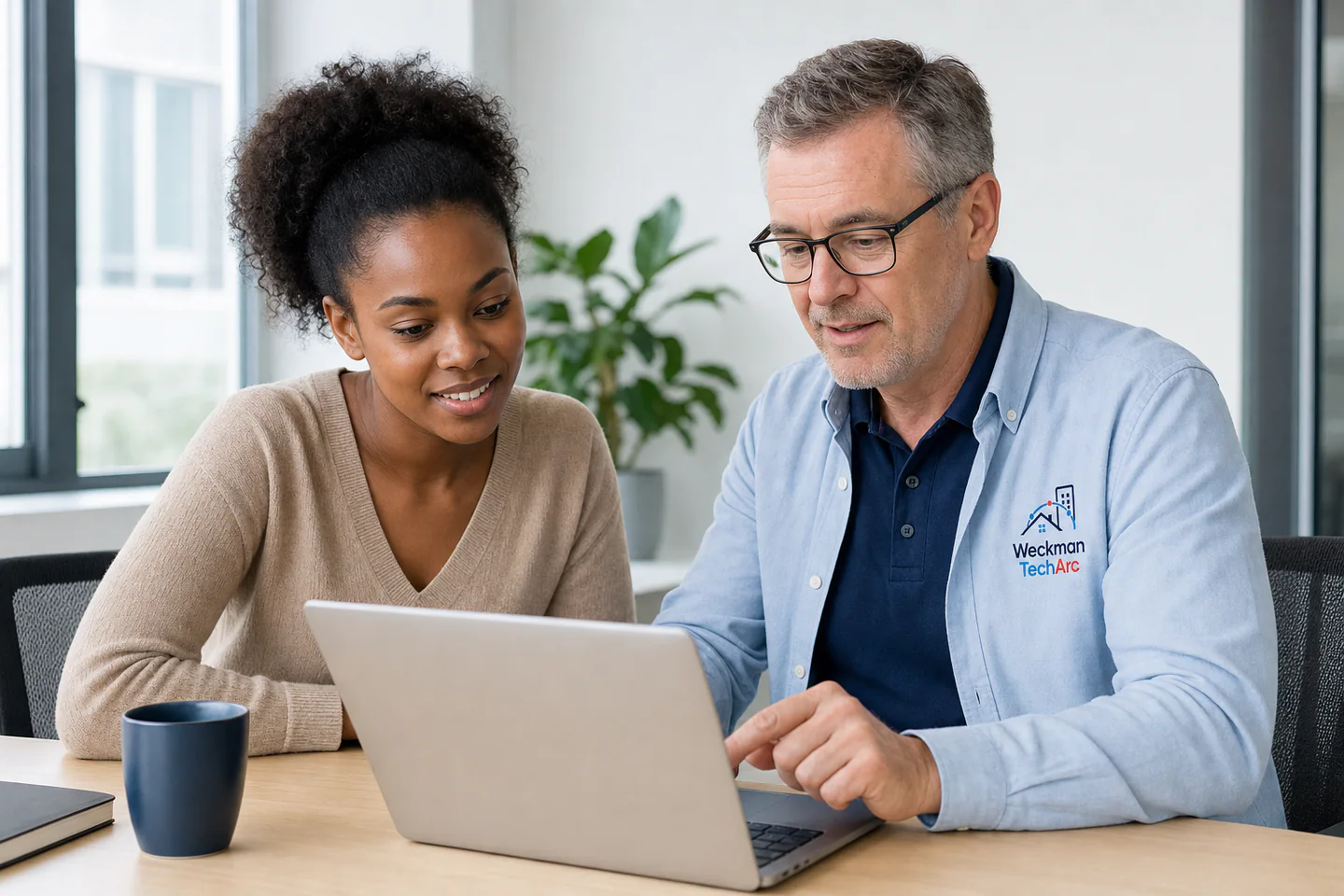 Software support specialist guiding a customer through laptop settings